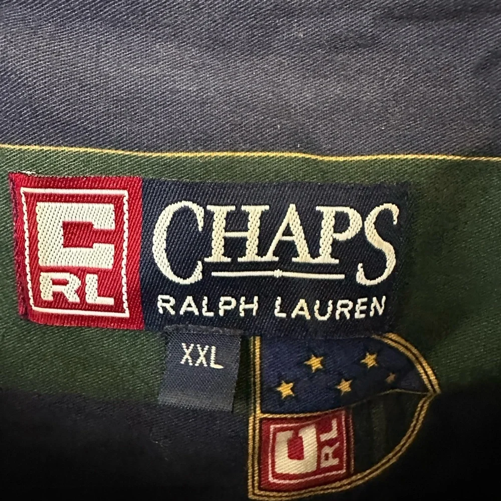 CHAPS RALPH LAUREN 90s Button-down Shirt XXL Green Navy Striped Emblem Logo - Picture 4 of 6